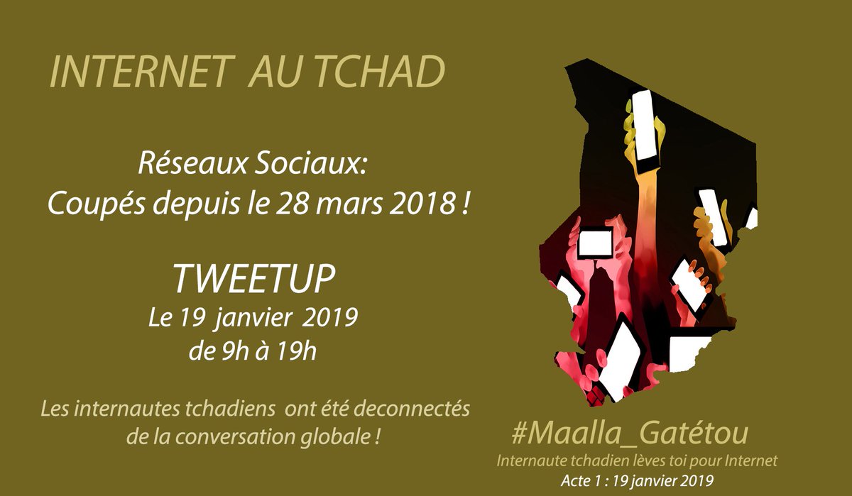 KOUNDOUGOUMI's tweet photo. #Africtivistes #shutdown #SocialNetworks Hello #Twitter !
Les internautes tchadiens ont été déconnectés de la conversation globale !
Le régime de #Deby a coupé les réseaux Sociaux au #Tchad depuis le 28 mars 2018 !
#TWEETUP Le 19 janvier 2019 de 9h à 19h sur #Maalla_Gatétou https://t.co/AON6uL4vxC