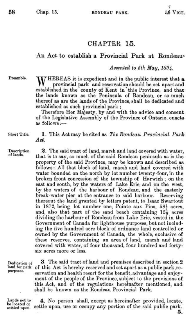 bManSays's tweet photo. Rondeau Provincial Park turns 125 years old on May 5th. Here is “An Act to Establish a Provincial Park at Rondeau” from 1894… #Rondeau #ckont https://t.co/rEchRE4Gfh