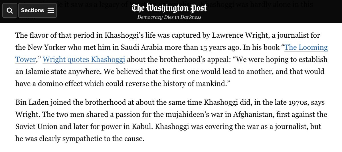 Jamal Khashoggi was a classmate and friend of Osama bin Laden. Their goal was to establish an Islamic State anywhere.He was the Saudi mouthpiece for the Muslim Brotherhood, which founded Hamas, whose goal it is to wipe Jews from the planet. https://www.washingtonpost.com/opinions/global-opinions/jamal-khashoggis-long-road-to-the-doors-of-the-saudi-consulate/2018/10/12/b461d6f4-ce1a-11e8-920f-dd52e1ae4570_story.html