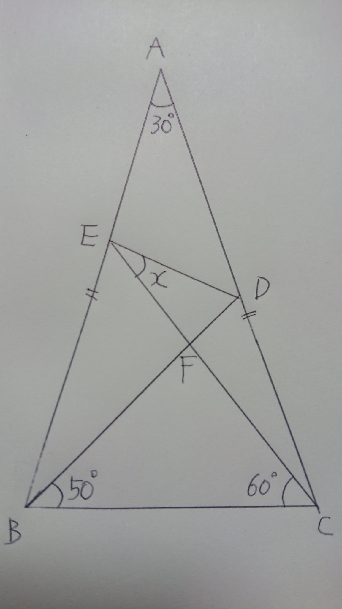 からあげ 下の図の二等辺三角形abcの角xの大きさとその求め方を教えてください 小５のときに お前にこれ解けるか と投げられた問題ですが 未だに解けません 分かる方にたどり着きたいので よろしければrtも何卒お願いいたします 数学 算数 図形