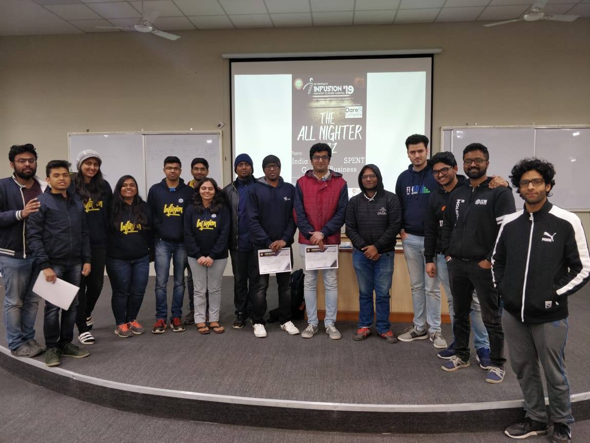 IIMR_Infusion's tweet photo. All-Nighter Quiz was organized by InQUIZire at #IIMRohtak under #Infusion19. It was a night filled with Beating buzzers and knowledge testing. The INGENIERUS (IIFT) emerged as winners followed by BIZ COYOTES (FMS). We congratulate  them! #Infusion #Quiz #IIMRInfusion #Management https://t.co/mYlvWvYxnx
