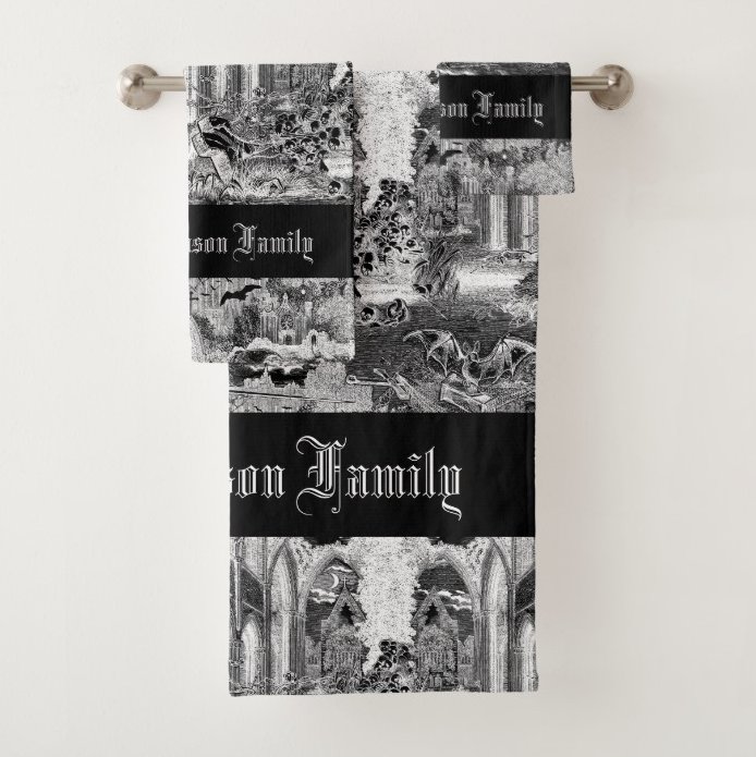 MooseDisco's tweet photo. I'm really pleased to have sold 2 of these towel sets over Xmas - I wonder how they looked? Add you family name to this personalised #Gothic Bath Towel Set https://t.co/oaFAvs1OV6 via @zazzle #gothgoth #gothdecor #altdecor #gothicbathroom #gothicfashion #vampires #bats #graveyard https://t.co/BzJPyYZbqM
