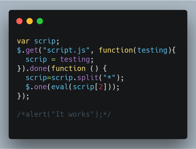 Taskinoz's tweet photo. Running commented Javascript code by parsing the .js file, splitting it by "*" and running the result via eval().

I don't know why I wanted to do this but its done
#javascript #webdev #jquery #obfuscation #weirdcode https://t.co/dKtzNaSFUo