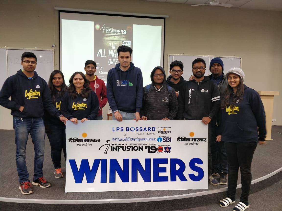 IIMR_Infusion's tweet photo. All-Nighter Quiz was organized by InQUIZire at #IIMRohtak under #Infusion19. It was a night filled with Beating buzzers and knowledge testing. The INGENIERUS (IIFT) emerged as winners followed by BIZ COYOTES (FMS). We congratulate  them! #Infusion #Quiz #IIMRInfusion #Management https://t.co/mYlvWvYxnx