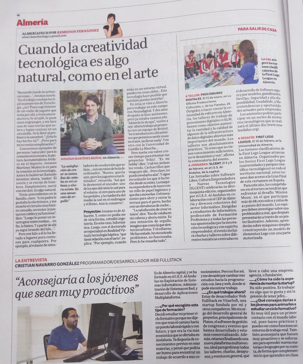 RemediosFdez's tweet image. Hoy, en la sección #AlmeríaTech de .@lavozdealmeria hablamos con Jonatan Martínez, ingeniero y maker, sobre la creatividad en la tecnología. Además, entrevistamos a Cristian Navarro, programador y desarrollador web, y proponemos algunos eventos para salir de casa.