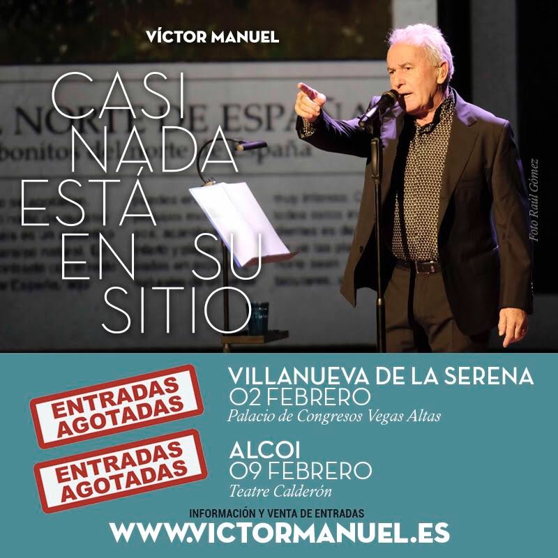 VictorManuel_Of's tweet photo. ✅ENTRADAS AGOTADAS ALCOI📣
✅ENTRADAS AGOTADAS VILLANUEVA DE LA SERENA 📣
Ayer anunciábamos el SOLD OUT en VIllanueva de la Serena. Hoy anunciamos que las entradas del concierto de #Alcoi también se han agotado. 
  Muchas gracias. No vemos en la Gira: https://t.co/Q7lYM9IFZ2 https://t.co/fiaPo4QabF