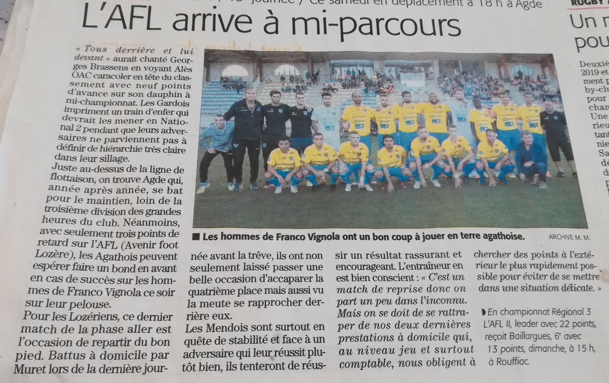 afl48's tweet photo. 1ère rencontre en 2019 et dernier match de la phase aller de National 3 pour l'Avenir Foot Lozère en déplacement à AGDE RCO ce samedi 12/01 à 18h. https://t.co/bfGRcpgRvf