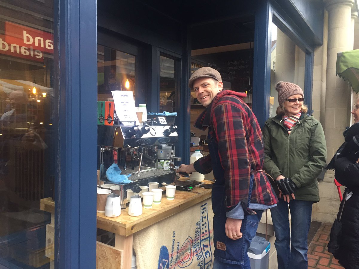 The coffee guy is in the market serving now