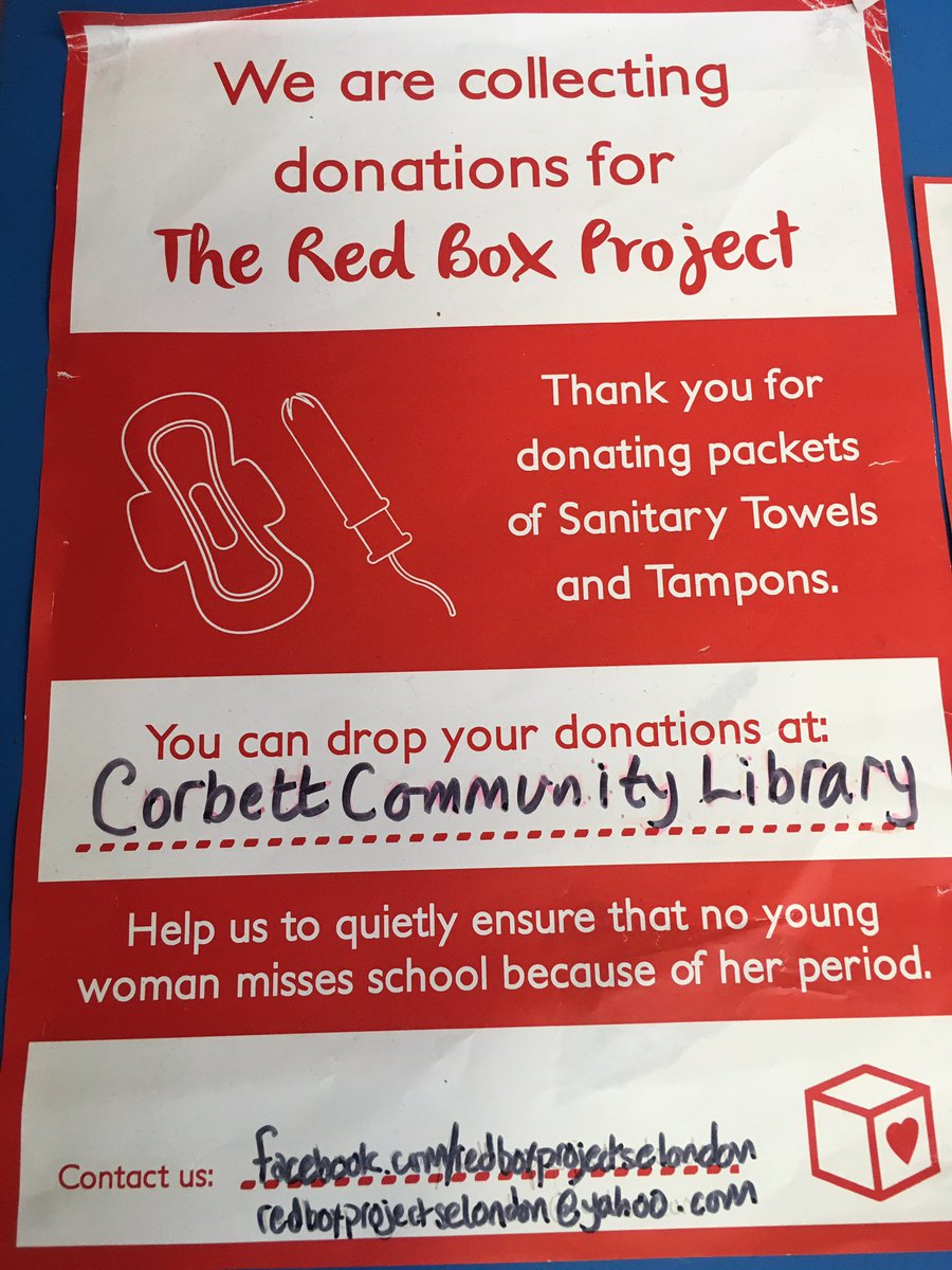 CorbettLibrary's tweet photo. Did you know we collect donated sanitary products for @redboxselondon? 

Just pop in and drop them in our Red Box. #Catford #HitherGreen #Lewisham Thanks. https://t.co/ueL8YkDzoe