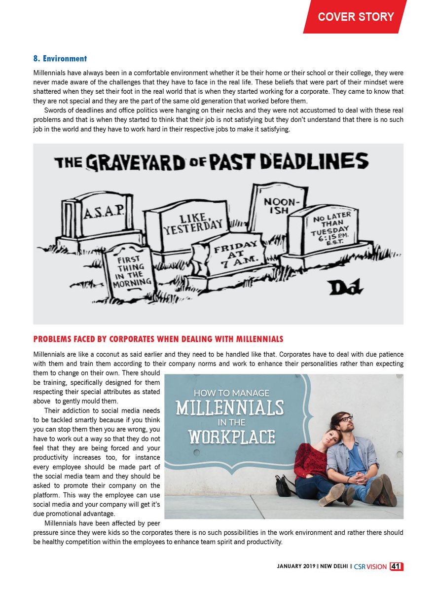 CsrvisionInfo's tweet photo. January Month Issue Covering,MILLENNIAL'S.
Millennial,although constitute 50%of the workforce,are perceived negatively by the baby boomers (born worldwide between 1946 and 1964)in positions of employers'which in turn adversely affects their employ-ability as well as the potential https://t.co/vUv5LbGUrN