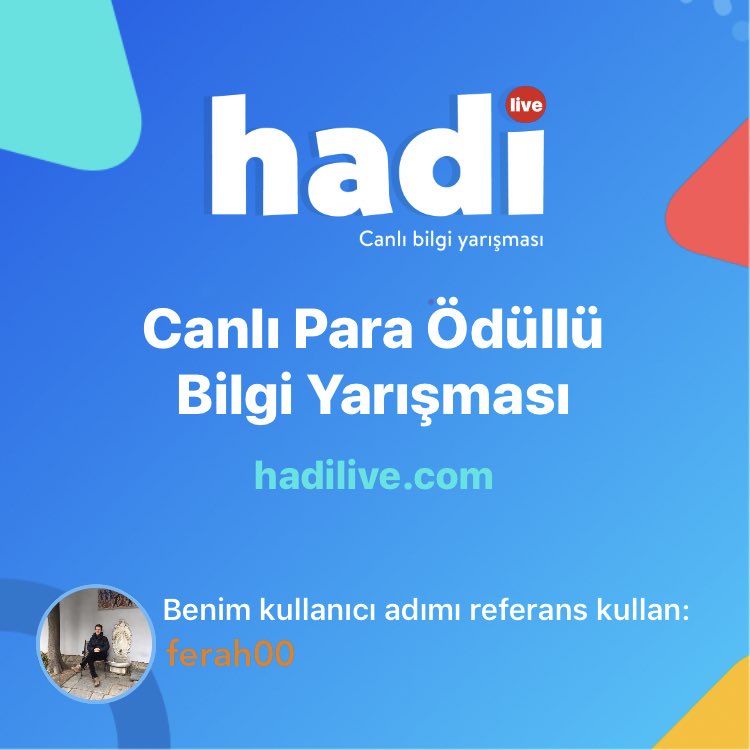 ferah00's tweet photo. Hadi - Bilgi Yarışması çok eğlenceli, sen de oynamalısın. Kayıt olurken referansına benim kullanıcımı "ferah00" yaz lütfen. https://t.co/fvQJpDxCPK ⁦@hadioyna⁩ https://t.co/awdHnwU1u6