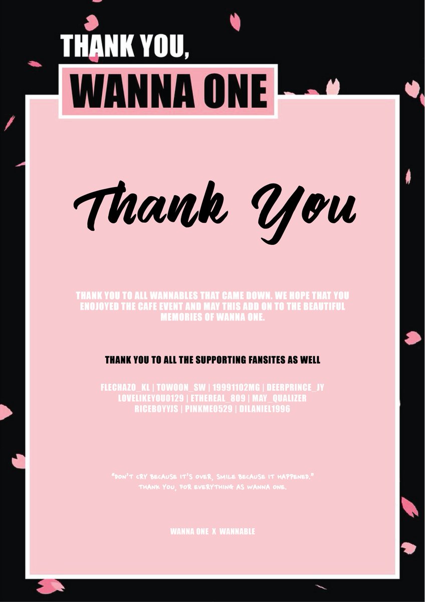 THANKYOU_W1's tweet photo. 𝘿𝙤𝙣’𝙩 𝙘𝙧𝙮 𝙗𝙚𝙘𝙖𝙪𝙨𝙚 𝙞𝙩’𝙨 𝙤𝙫𝙚𝙧, 𝙨𝙢𝙞𝙡𝙚 𝙗𝙚𝙘𝙖𝙪𝙨𝙚 𝙞𝙩 𝙝𝙖𝙥𝙥𝙚𝙣𝙚𝙙.

—
THANK YOU.
We will meet again when the spring breeze passes.

#THANKYOUW1 https://t.co/79m7Yi1vam