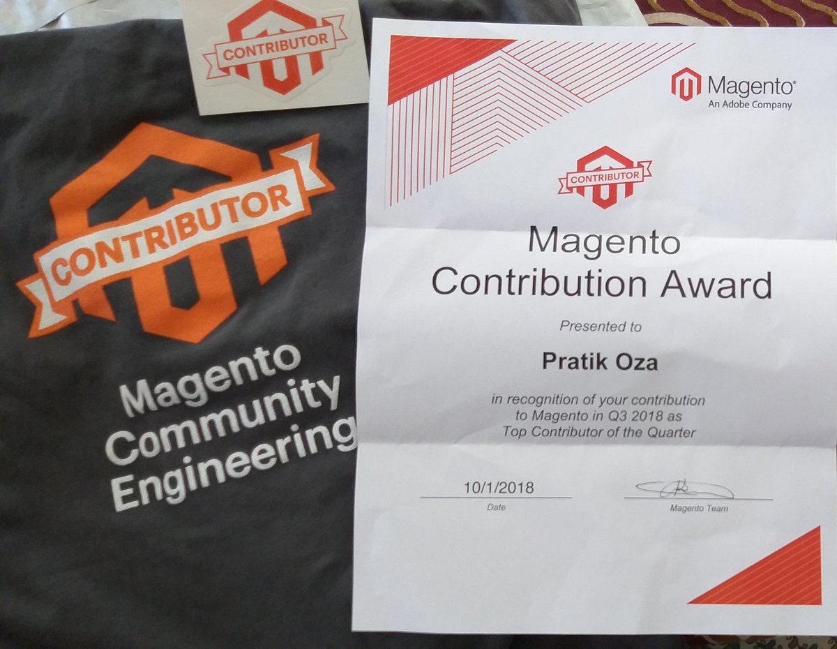Happy to achieve "Top Contributor of the Quarter" by <a href="/magento/">Magento</a> for Q3 2018. Thanks to <a href="/mannersd/">David / MrFrogger Gaming</a> for Special recongnition award, T-shirt and Stickers.

Special thanks to <a href="/krishtechnolabs/">Coupcommerce</a> and <a href="/MagentoEngCom/">Magento Community Engineering Team</a> for always supporting and motivating.