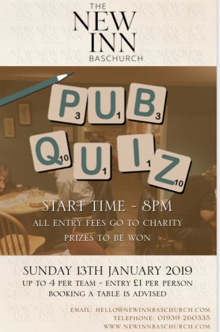 NewInnBaschurch's tweet photo. TOMORROW - join us for our monthly Pub Quiz starting at 8pm. Call on 01939 260335 to reserve a table. https://t.co/FwqX9nljmt