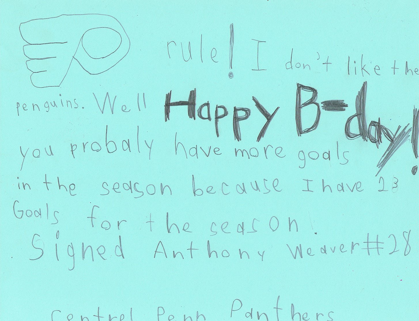  My son wanted to wish Claude Giroux a happy birthday.  He made him this card... 