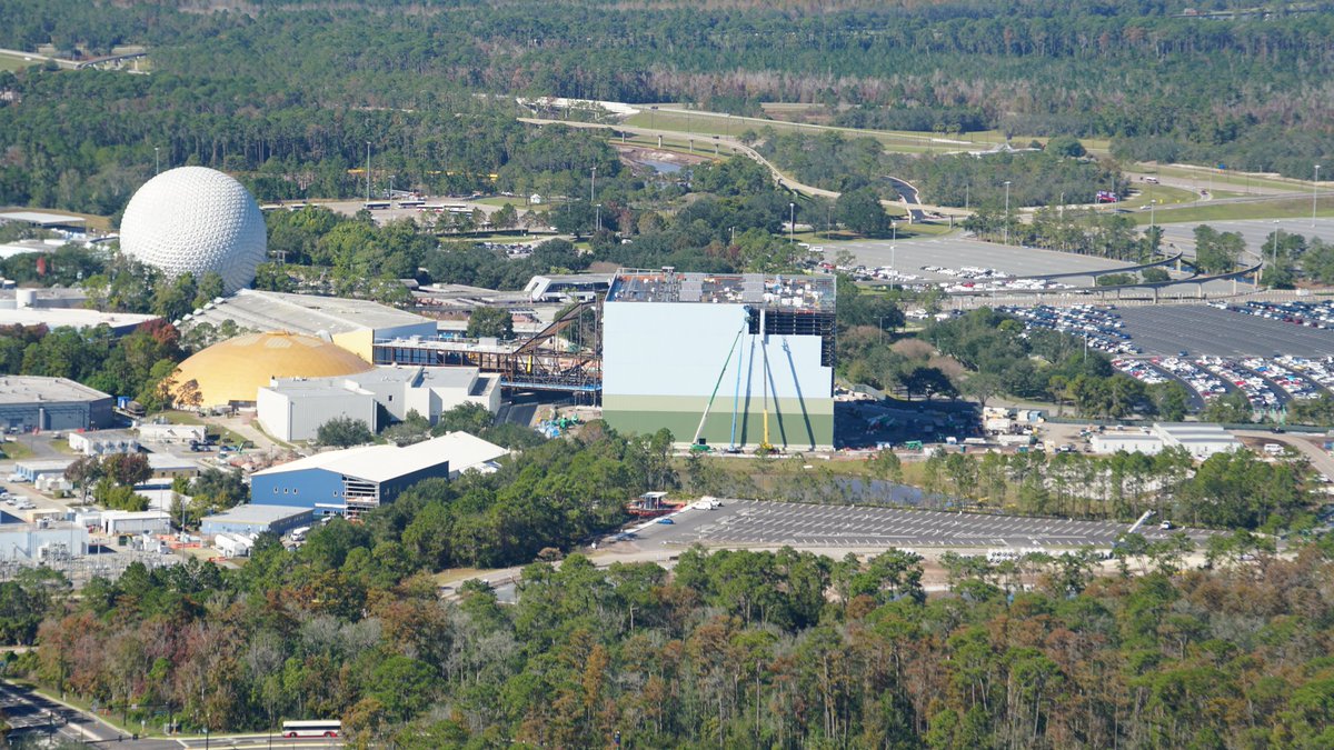 A look at Guardians of the Galaxy with Spaceship Earth from across the WDI parking lot. Aerial from Dec 22.