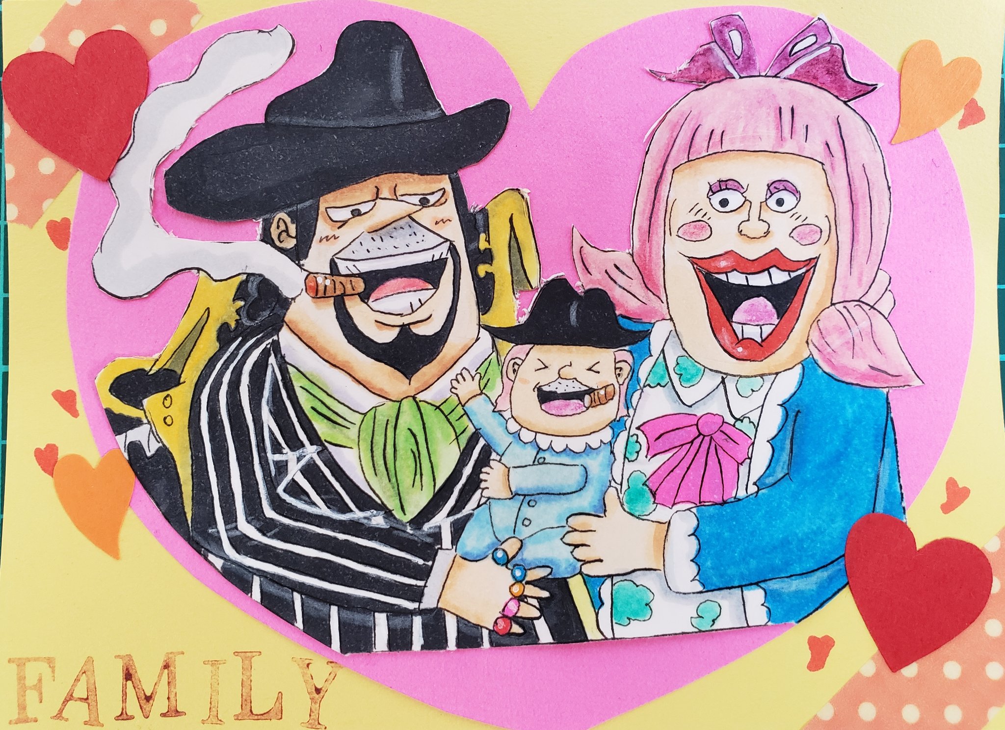 つっきー ワンピースのベッジファミリーイラスト描きました イラストは自分が描いて 背景は嫁さんがしてくれました ベッジは残虐なマフィアですが 家族思いのいいパパでギャップがあって好きなキャラです イラスト好きな人と繋がりたい