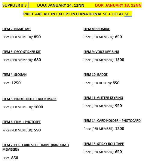 WTS / LFB PH ONLY

NCT 127 THE ORIGIN CONCERT GOODS GO

I have 3 different suppliers.
Item prices, DOOs and DOPs are different per supplier. 

If sure buyer, reply your order under that supplier thread. 

NO CANCELLATIONS! 

MOPs: BPI, LBC, Palawan 

ETA: Feb ~ March (if delayed)