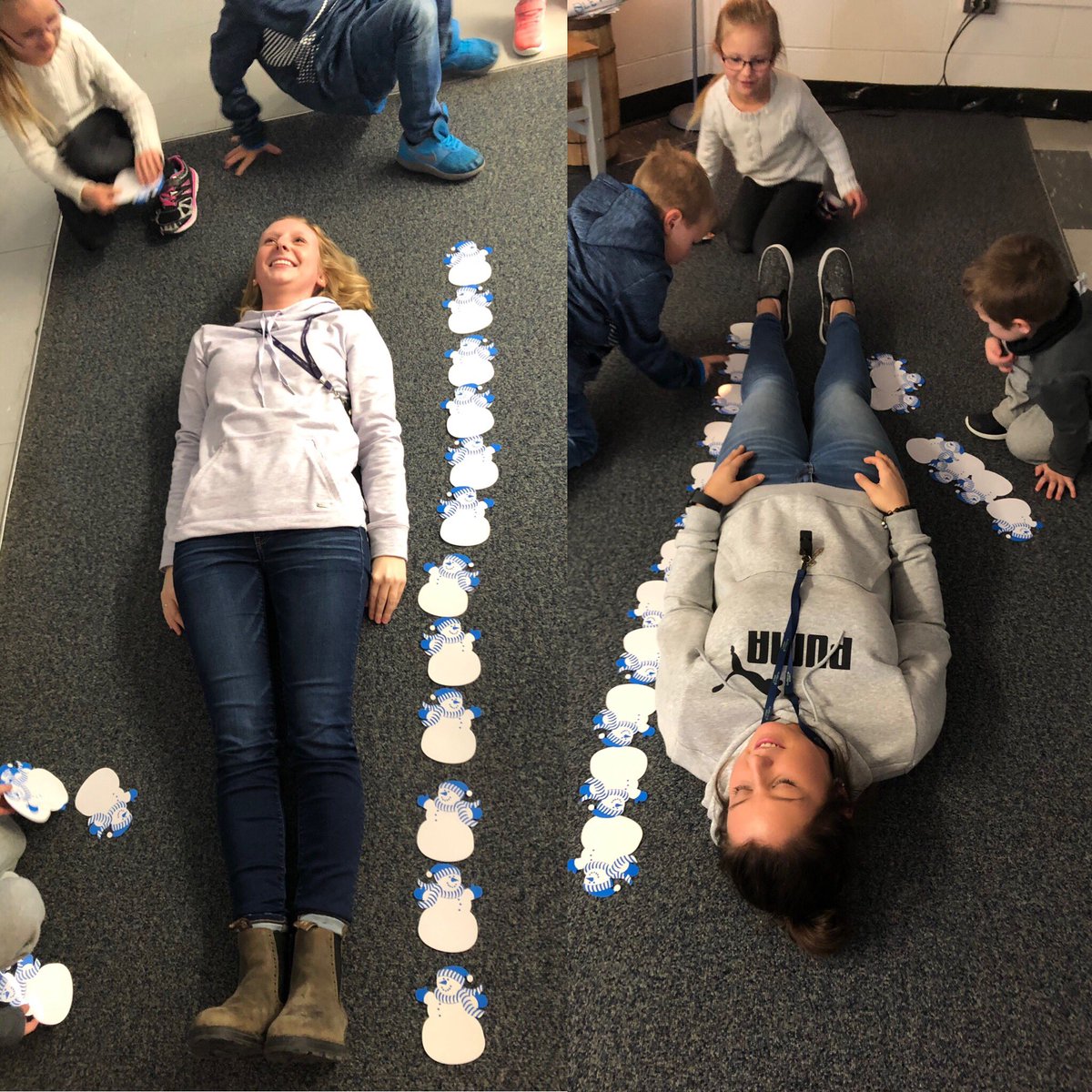 MissTJermey's tweet image. Students have been learning about the words estimation, more, less and the same. Yesterday they discovered Ms. Canning and Ms. Jermey were the same length in snowman. We were both 12 snowman long. #tldsblearns  #wolvesmath #measurement  @WoodvilleES