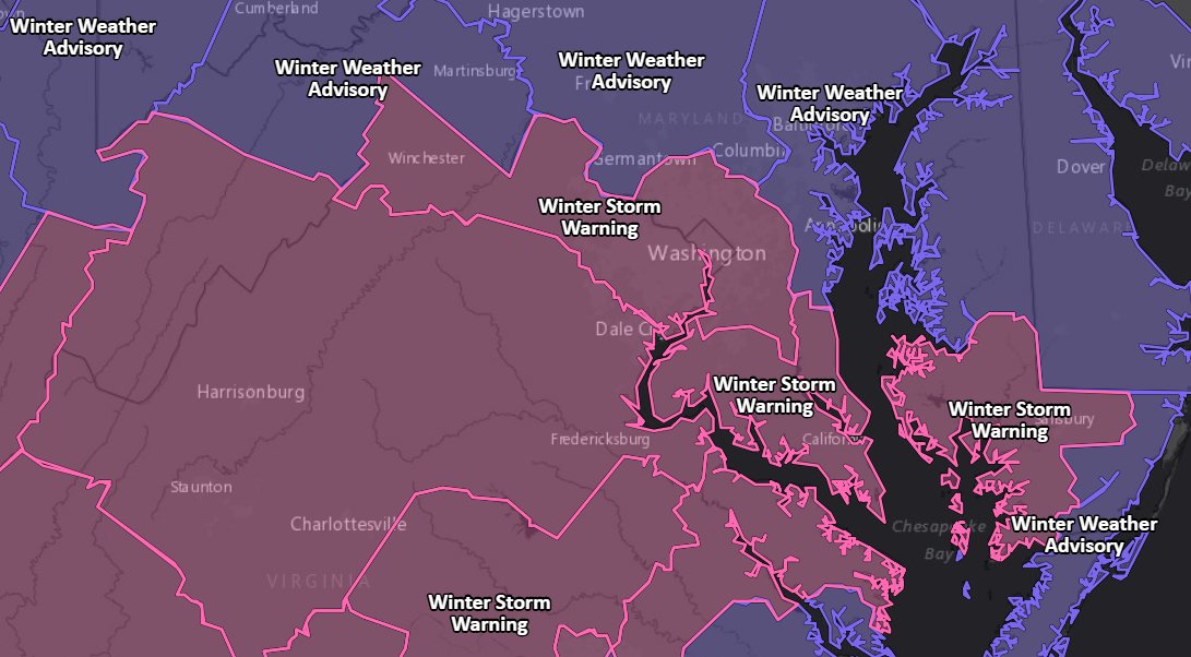 capitalweather's tweet photo. Winter storm warnings were extended north overnight. Now includes DC and most of the rest of the immediate area. Winter weather advisory remains in place across northern Maryland. https://t.co/jHBYwG2KKm https://t.co/23PXbcVEgA