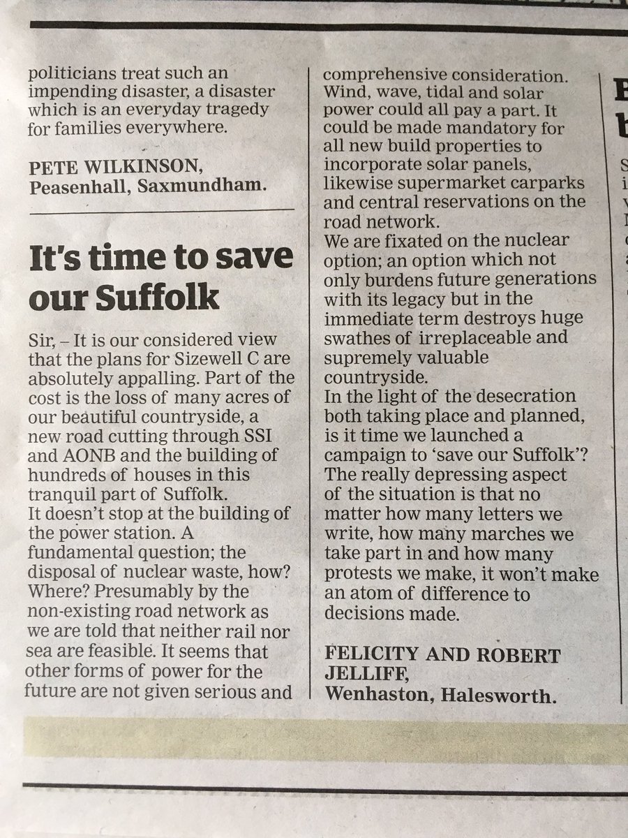 victorshannock's tweet photo. No SZC letter by the Jeliffes of Wenhaston @eadt24 “It’s time to save our Suffolk” (many don’t realise long term nuclear waste is already unacceptably being stored at Sizewell) https://t.co/ads4QeaQRg