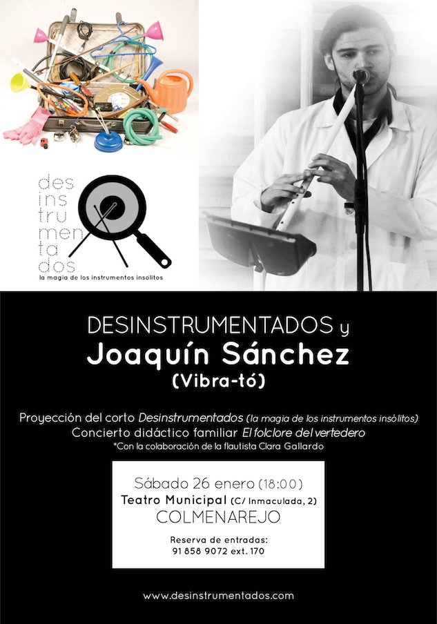 Desinstrumentad's tweet photo. 🤩 Nos vamos a #Colmenarejo 🎵 🎶 #Concierto didáctico familiar #Desinstrumentados y los instrumentos insólitos de Joaquín Sánchez con la flautista Clara Gallardo. La #música del #reciclaje 😀 #ElFolcloreDelVertedero Sábado 26 enero ¡Os esperamos! https://t.co/0h7Hlbq0l2