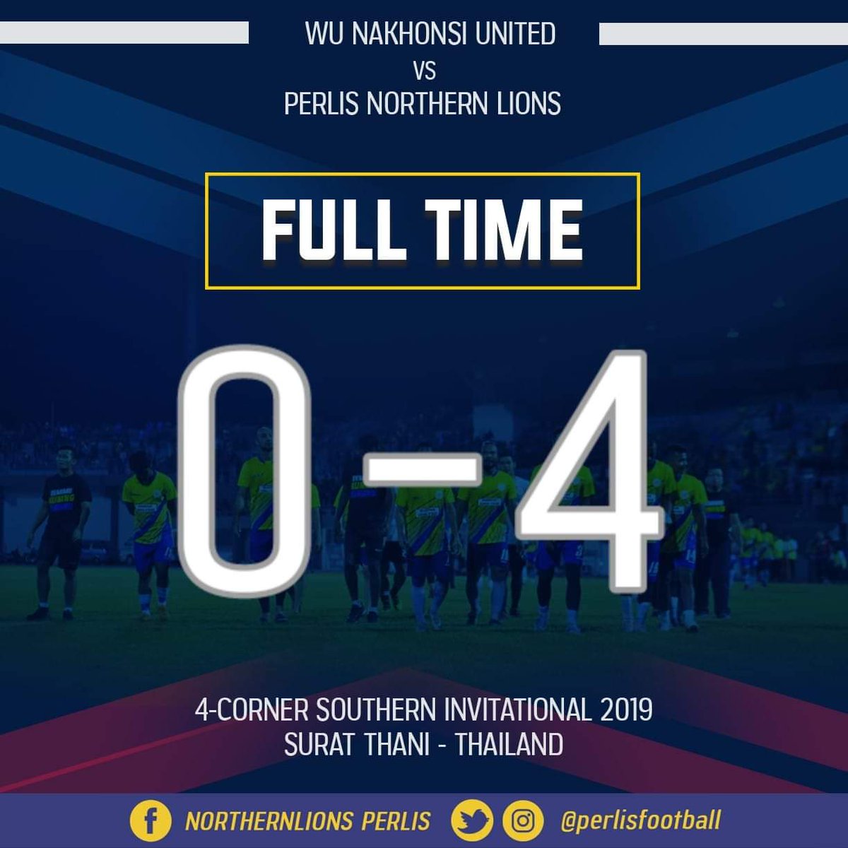 AtokSukan's tweet photo. MASA PENUH / FULL TIME

Wu Nakhonsi United 0 - 4 Perlis Northern Lions

⚽️ Azizi 9'
⚽️ Azmizi 62'
⚽️ Faizuan 65'
⚽️ Hafizi 90'+5

#singautara #northernlions #demimukuningbiruku
@perlisfootball https://t.co/MJ2aFgFDtx