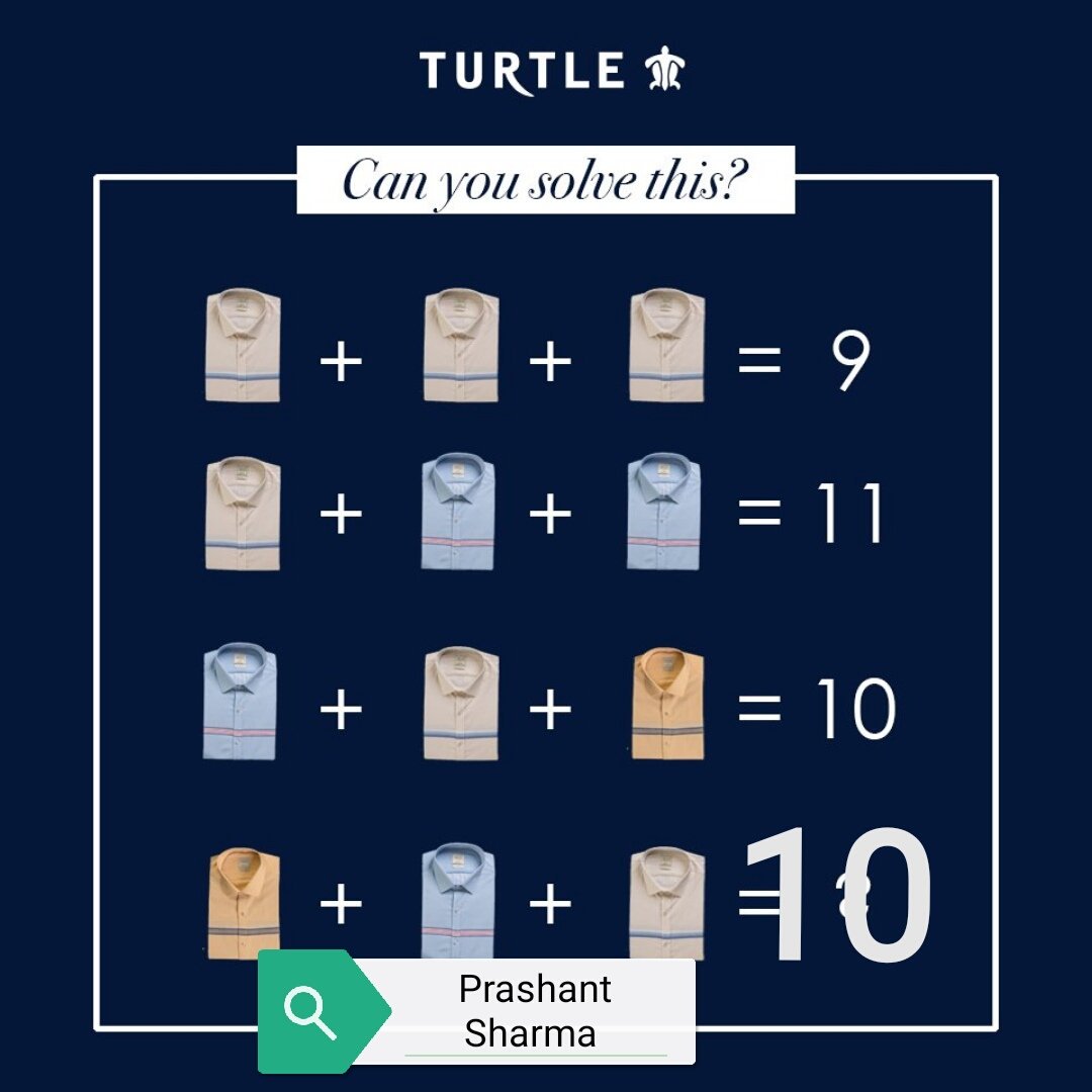 prashantDocean's tweet photo. @turtleonline_in Answer :- 10
3 + 3 + 3 = 9
3 + 4 + 4 = 11
4 + 3 + 3 = 10
3 + 4 + 3 = 10
#Turtle #MenFashion #Contest #TurtleOnline #ContestAlert
@turtleonline_in
@SajalMo12732675 @ssharda932 @dipakyadav8058 @AdiBonkar08 @AasithaKhandel1 @saahil247 @LazyGoan7 https://t.co/HeiJ8IY9vh