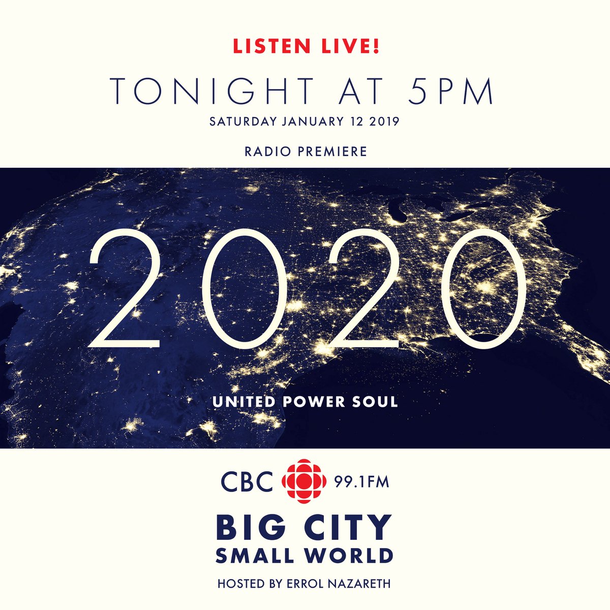 We’ve got to fix our future up! Our newest single, 2020 will be making a radio debut Tonight at 5PM! Make sure to tune into 99.1FM to Listen Live on <a href="/CBCBigCity/">Big City Small World</a> hosted by <a href="/ErrolNazareth/">Errol Nazareth</a> #fixourfutureup #unitedpowersoul #CBCradio #canadiancontent #toronto #bigcitysmallworld #2020
