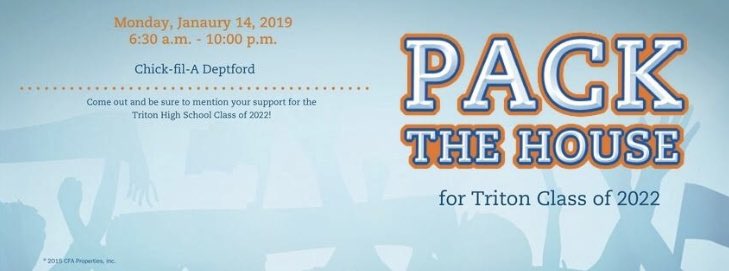 Triton2022's tweet photo. Pack the house at the Chick-fil-A in Deptford on Monday, January 14th! Be sure to mention your support for the Class of 2022❤️💙 https://t.co/EhS1fkujXX