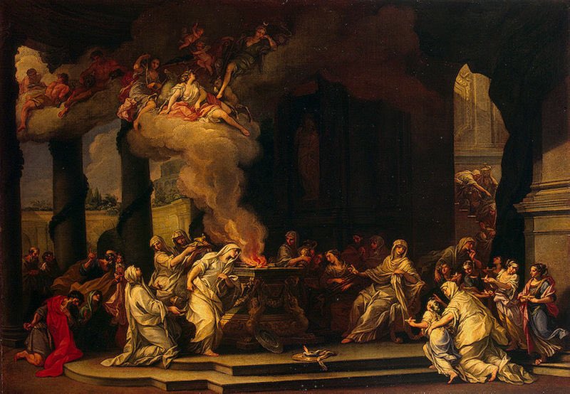 Dedication of a New Vestal Virgin ~ Alessandro Marchesini c. 1710s

The #VestalVirgins captured in a moment of #ClassicalReception. 

The pantheon of divinities watches from above on the plume of smoke from the hearth, while a smaller lamp awaits the new initiate.