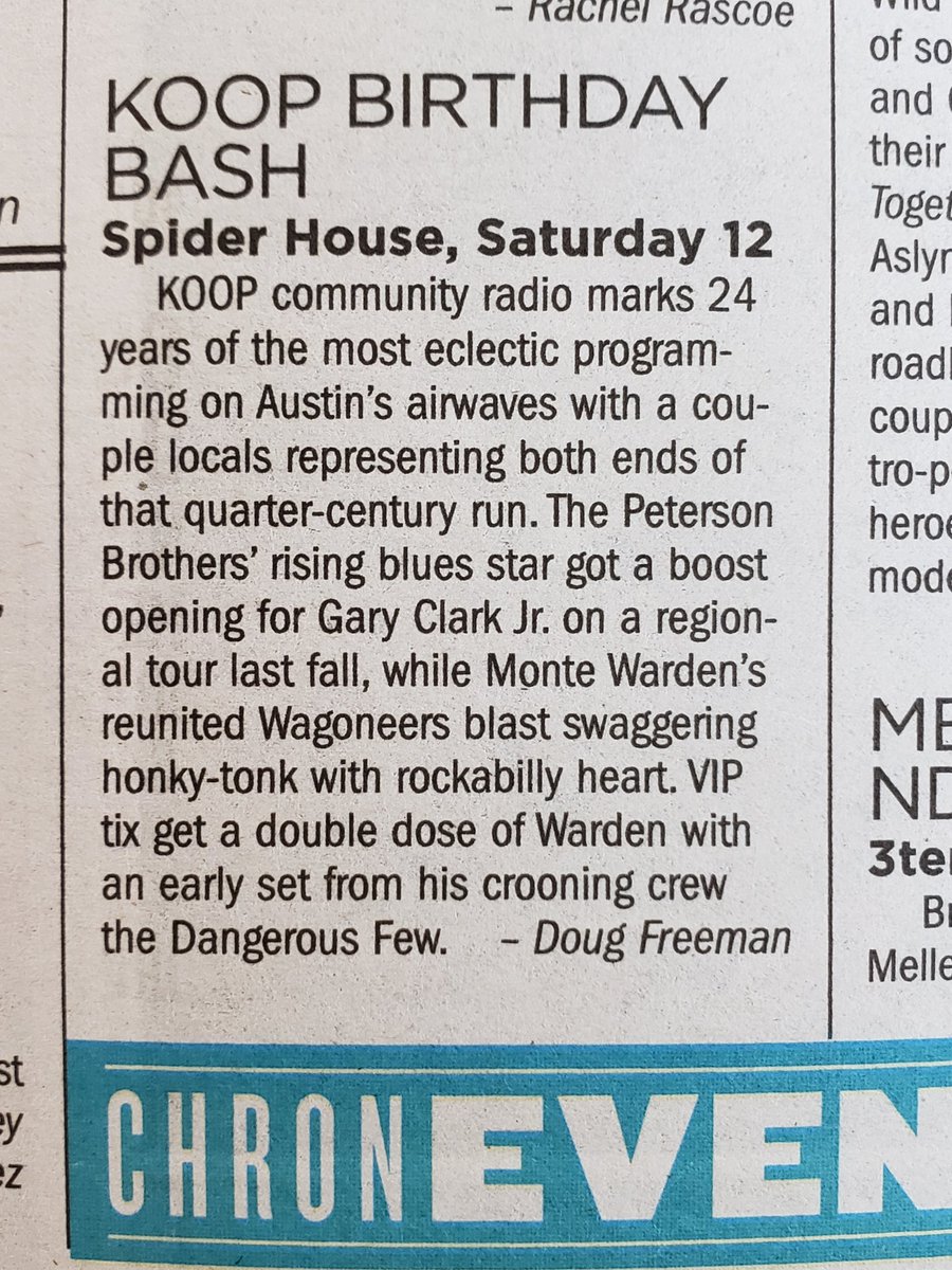KOOP 91.7 FM (@koopradio) on Twitter photo Looking forward to seeing you all tonight at the <a href="/spiderhouse/">Spider House</a>. Thanks to the <a href="/AustinChronicle/">Austin Chronicle</a> for the write-up.
6pm VIP, 7pm doors
--
bit.ly/KOOPBDAYBASH Looking forward to seeing you all tonight at the <a href="/spiderhouse/">Spider House</a>. Thanks to the <a href="/AustinChronicle/">Austin Chronicle</a> for the write-up.
6pm VIP, 7pm doors
--
bit.ly/KOOPBDAYBASH