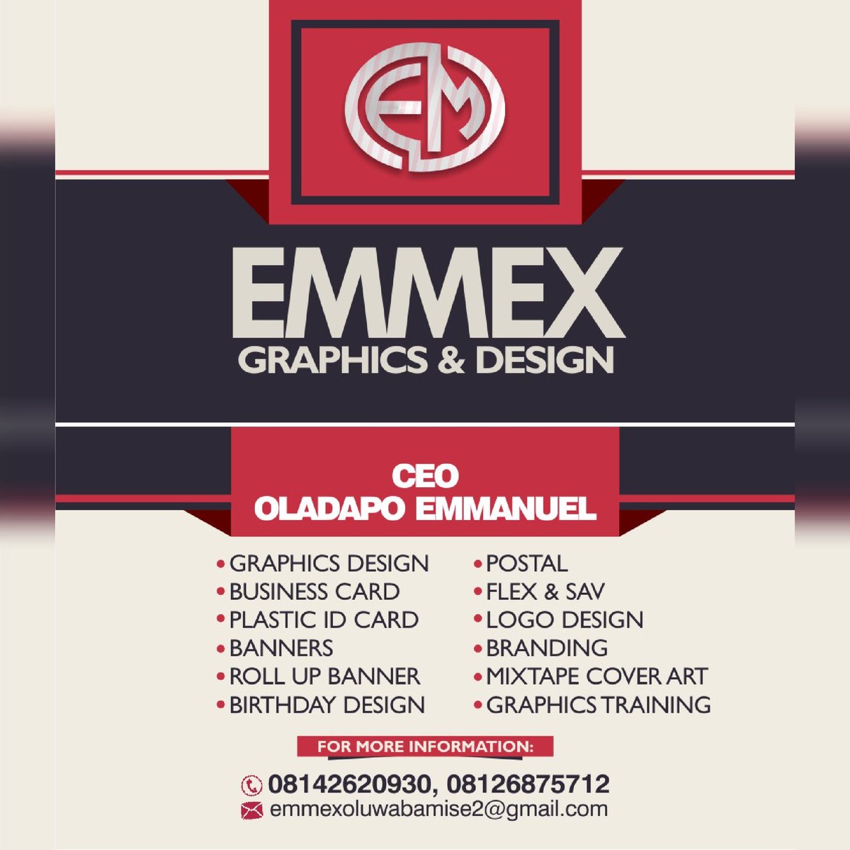 NEED A DESIGN??? Such as #Artworks #Logo  #Banner  #Flyers/Handbill #Cartoon #Clubflyers #ComplimentaryCards #PlasticIDCard #Bookworks #Branding #Birthday #CustomizedTSHIRTS #upcomingartist #awesome #LondonCelebrity ✓ DM  Let's talk business/ WhatsApp - 08126875712, 08142620930.