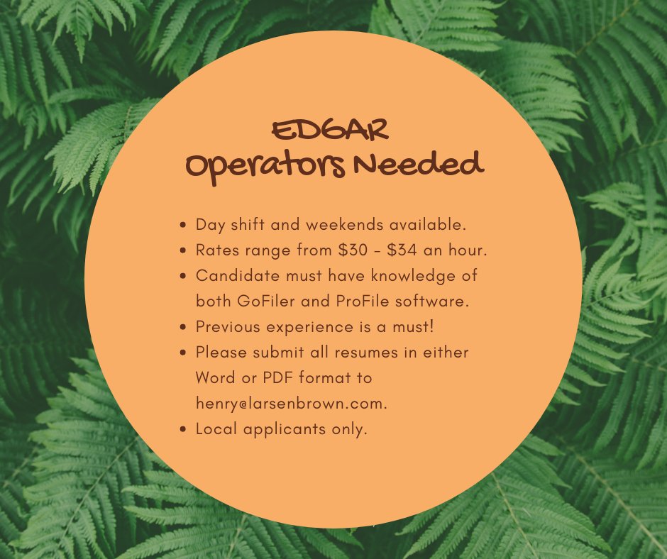 Larsen_Brown's tweet photo. Do you know ProFile HTML & GoFiler Complete? Apply today!! EDGAR Operators needed – day shifts Monday-Friday and 1st/2nd shifts on weekends available. Please submit resumes to henry@larsenbrown.com
#NYCjobs #GoFiler #ProfileHTML #EDGAR #LarsenBrown https://t.co/kKVow5Socx