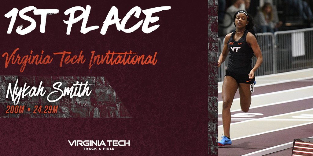 HokiesTFXC's tweet photo. #VirginiaTechInvitational | W 200m
1. Nykah Smith 24.29
4. Imagine Patterson 25.00
6. Kayla Copeland 25.16
The freshman trio place in the top six & Smith wins her first event! π₯ https://t.co/GdSm5iTYhr