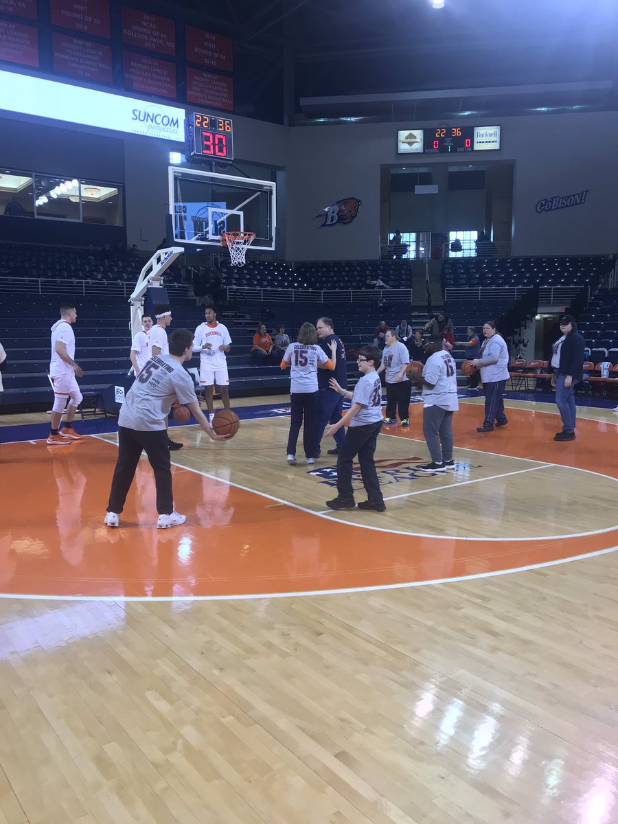 Bucknell_OE's tweet photo. Members of the @Bucknell_MBB and Cheerleading teams having fun on the court with individuals from #SUNCOM #DirkSojkasSlamDunk https://t.co/cZRR4a4NhX