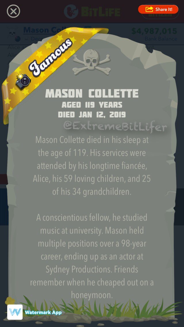 ExtremeBitlife's tweet photo. Mason Collette is no longer with us πͺ
Net worth: $229,230,064
Age: 119
Children: 71
Grandchildren: 34
Lovers: 12
Followers: 50+ Million
Career path: Actor
#bitlife #Bitlifefamous #Bitelifer #ExtremeBitlifer #bitlifememes # https://t.co/gQ9XYDKNTC