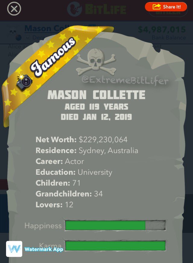 ExtremeBitlife's tweet photo. Mason Collette is no longer with us πͺ
Net worth: $229,230,064
Age: 119
Children: 71
Grandchildren: 34
Lovers: 12
Followers: 50+ Million
Career path: Actor
#bitlife #Bitlifefamous #Bitelifer #ExtremeBitlifer #bitlifememes # https://t.co/gQ9XYDKNTC