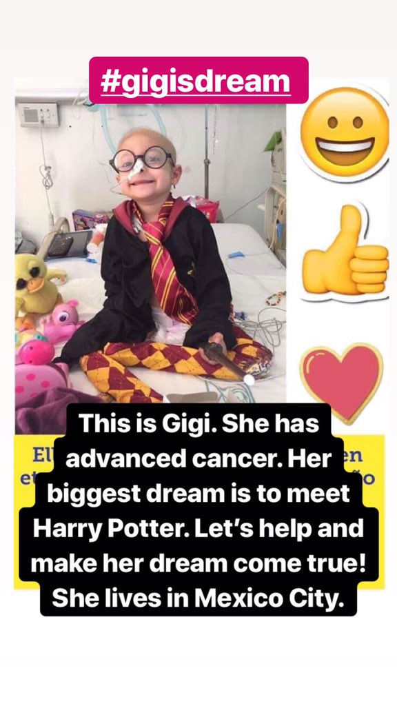 MichUscanga's tweet photo. This is Gigi, she's a Mexican girl with end stage leukemia and her biggest dream is to meet Harry Potter (Dan Radcliffe) help us make her dream come true. #gigisdream #elsueñodegigi #harrypotter https://t.co/nDE2z7TJ0Z