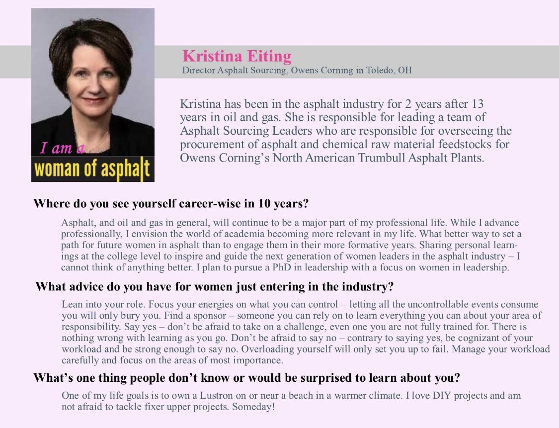 womenofasphalt's tweet photo. "I am a Woman of Asphalt: 100 Days Until World of Asphalt 2019"
Starting November 5th and for the next 100 days, we'll be featuring a woman who was nominated by her peers as someone who makes a difference in the asphalt industry.
#32
Kristina Eiting
@OwensCorning https://t.co/punDqEStH0