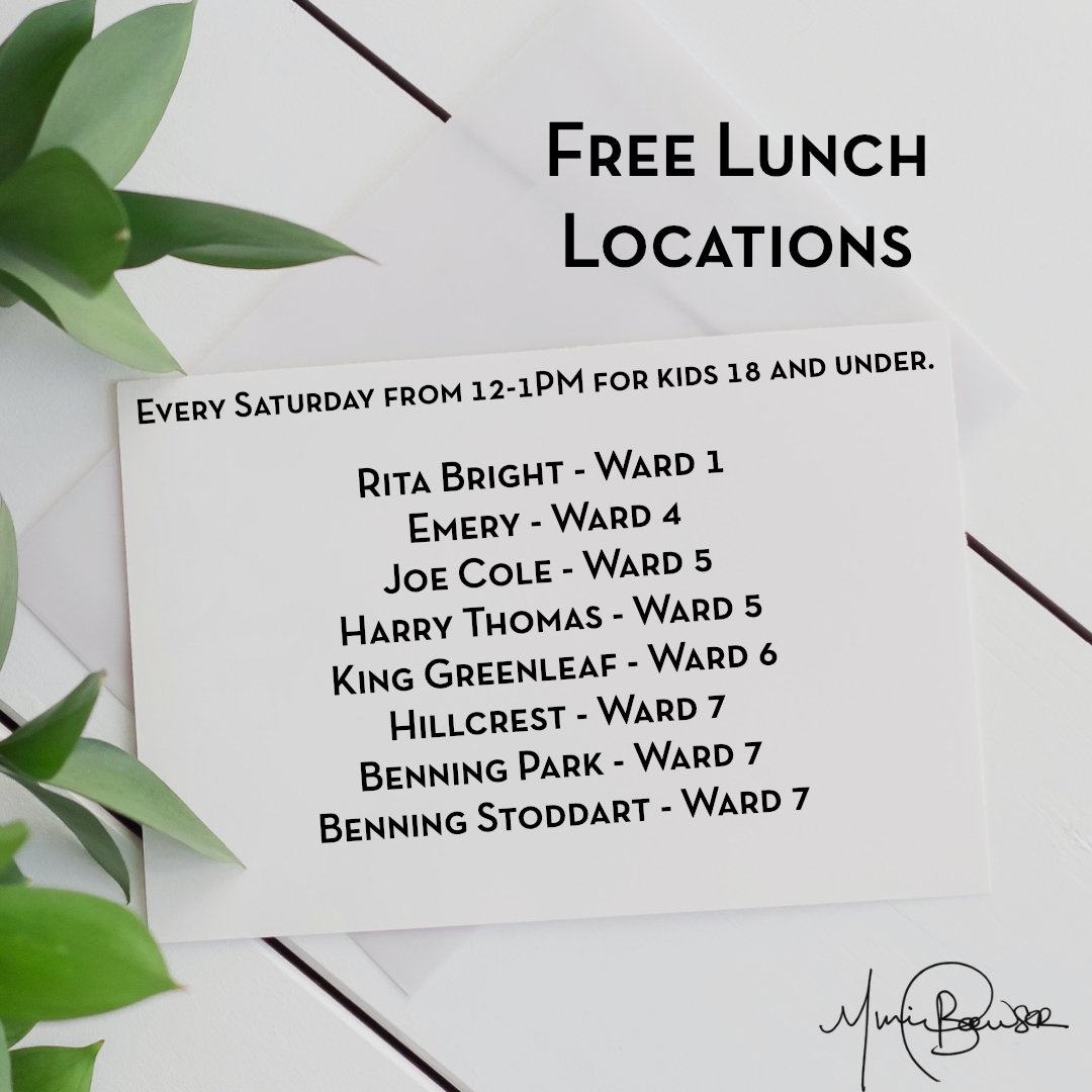 DC_OCA's tweet photo. Starting today we are offering FREE lunch every Saturday during the #governmentshutdown, from 12-1PM, for kids 18 and under. It's another way we are ensuring our families impacted by the shutdown have access to the support and services they need. Locations below. https://t.co/W0cRLYd0MC