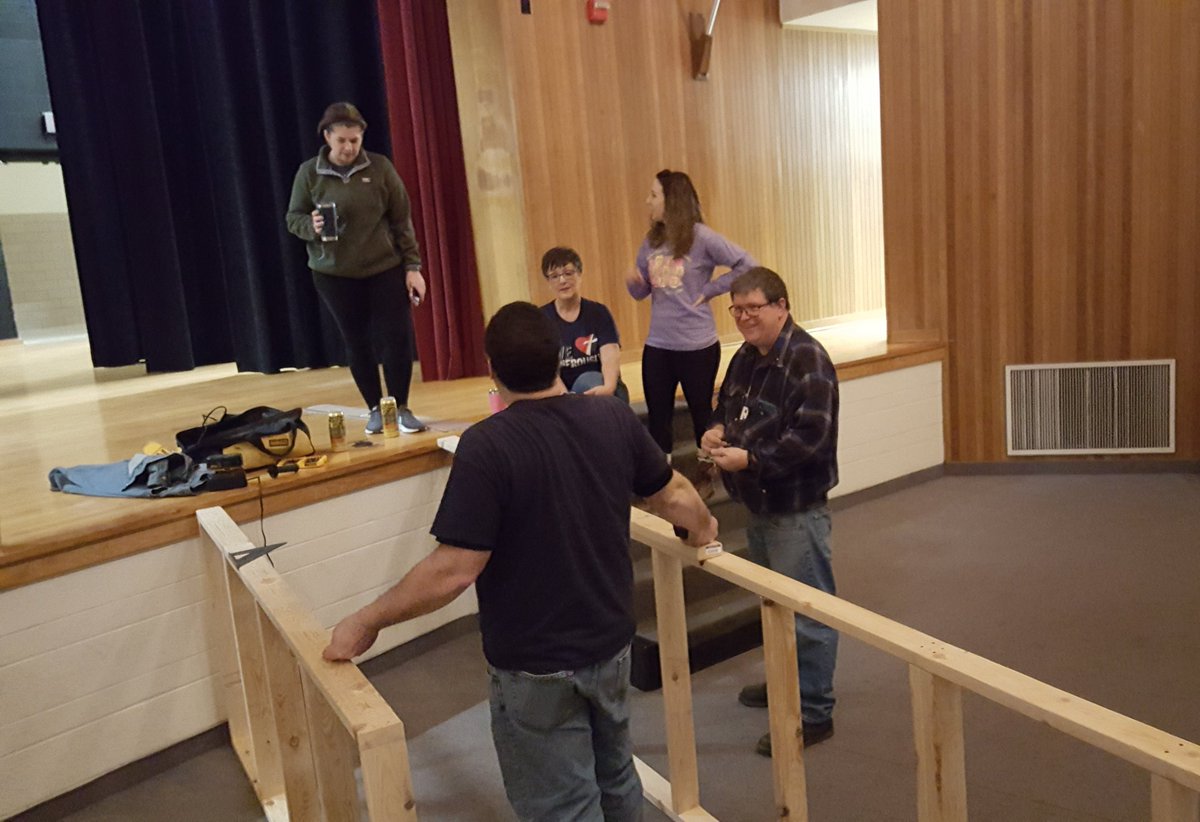 hcea_community's tweet photo. HCEA members Esther DeMary, Brian Gresh, Jess Neal, and Kacy Kubeldis are working diligently on this Saturday morning to prepare set pieces for the musical, The Wizard of Oz. Countless hours of planning have already gone into this, and countless hours lie ahead! #HCEAproud https://t.co/IzRYL4EGfD