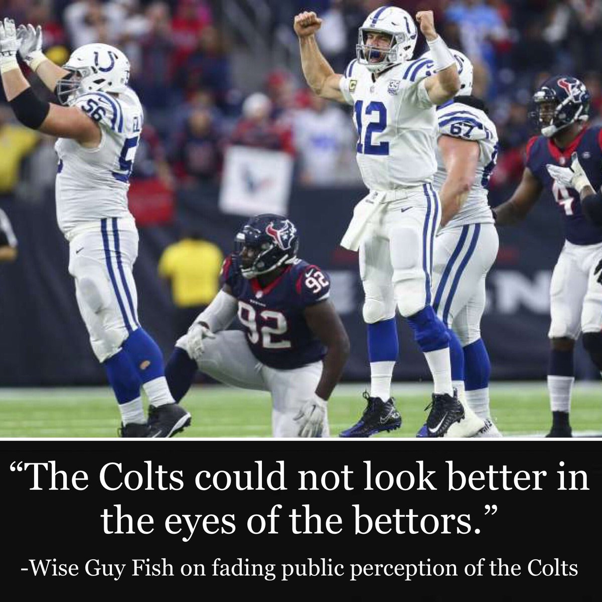 EverydayWiseGuy's tweet photo. According to @actionnetworkhq, 60% of betting tickets are on the @Colts. Is this recency bias? The Wise Guys think so and that’s why they’re all on the @Chiefs against the spread!
#nflplayoffs #divisionalround #divisionalweekend #superbowl53 #chiefs #chiefskingdom #colts #INDvsKC https://t.co/lVSpsjLU4z