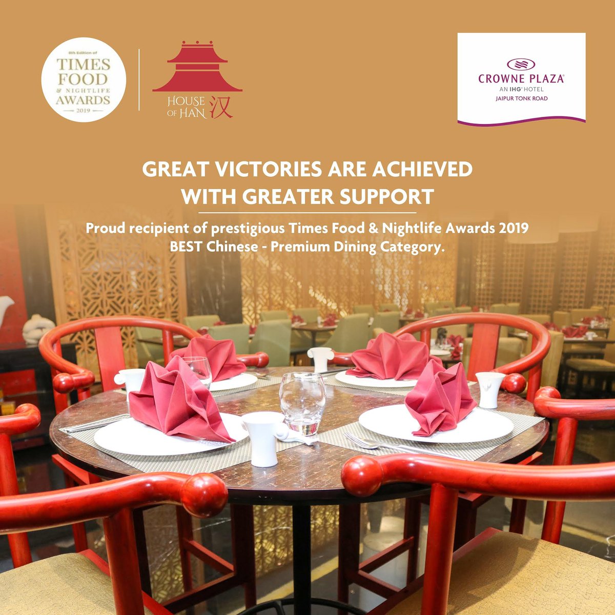 CrownePlazaJaip's tweet photo. House of Han, Winner of The Times Food & Nightlife Awards 2019 for 'Best Chinese Restaurant'
We extend our gratitude for making us the proud winners, with your valuable votes.
#HouseOfHan #Winner #Gratitude #Crowneplazajaipurtonkroad https://t.co/cib9Ks1ovx