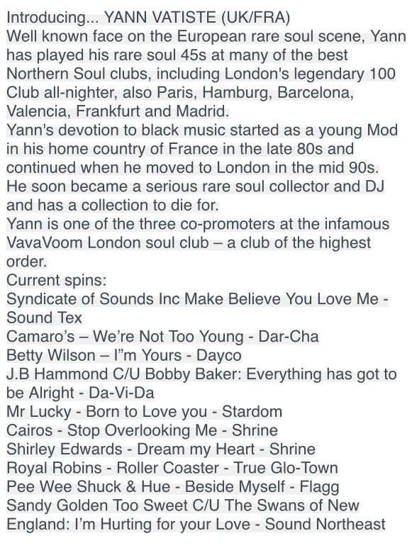ClubNorthants's tweet photo. DJ Profile: Yann Vatiste featuring at Northants Soul Club All Day Soul extravaganza On 26th January @PicturedromeNN1 tickets available from https://t.co/xZhW46JCfn NOW! #soul #northernsoul https://t.co/4YY5ZS18mo