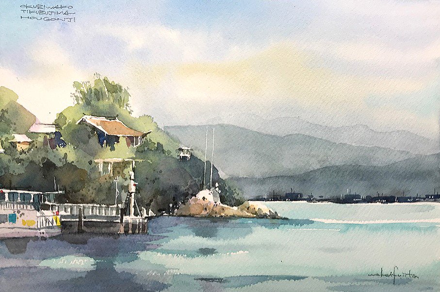琵琶湖湖畔、風景水彩画。””かたらい”” （奥琵琶湖の朝 （透明