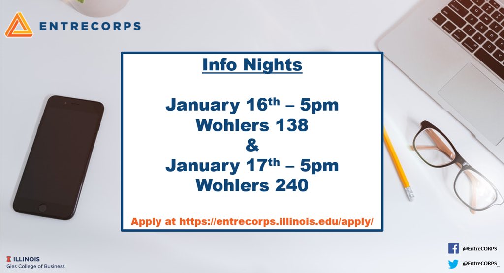 EntreCORPS_'s tweet photo. EntreCORPS is hosting info nights on the 16th and 17th of January! Come out to learn more about the firm, application process, and more! All students are welcome!

🔶 Apply now at https://t.co/NmXpkUgbca 🔷 https://t.co/Qide03s6DZ