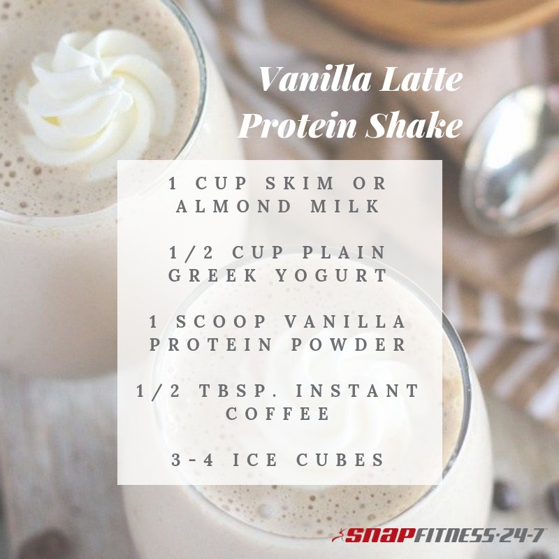SnapFitnessCAB's tweet photo. Forget the morning pick-me-up from your favorite coffee shop! This creamy blend is a delicious way to get your caffeine fix and protein all at once. Try this vanilla latte-flavored shake after your next morning workout! #SnapFitness #Smoothie #Recipe https://t.co/mKYNS6fWyC