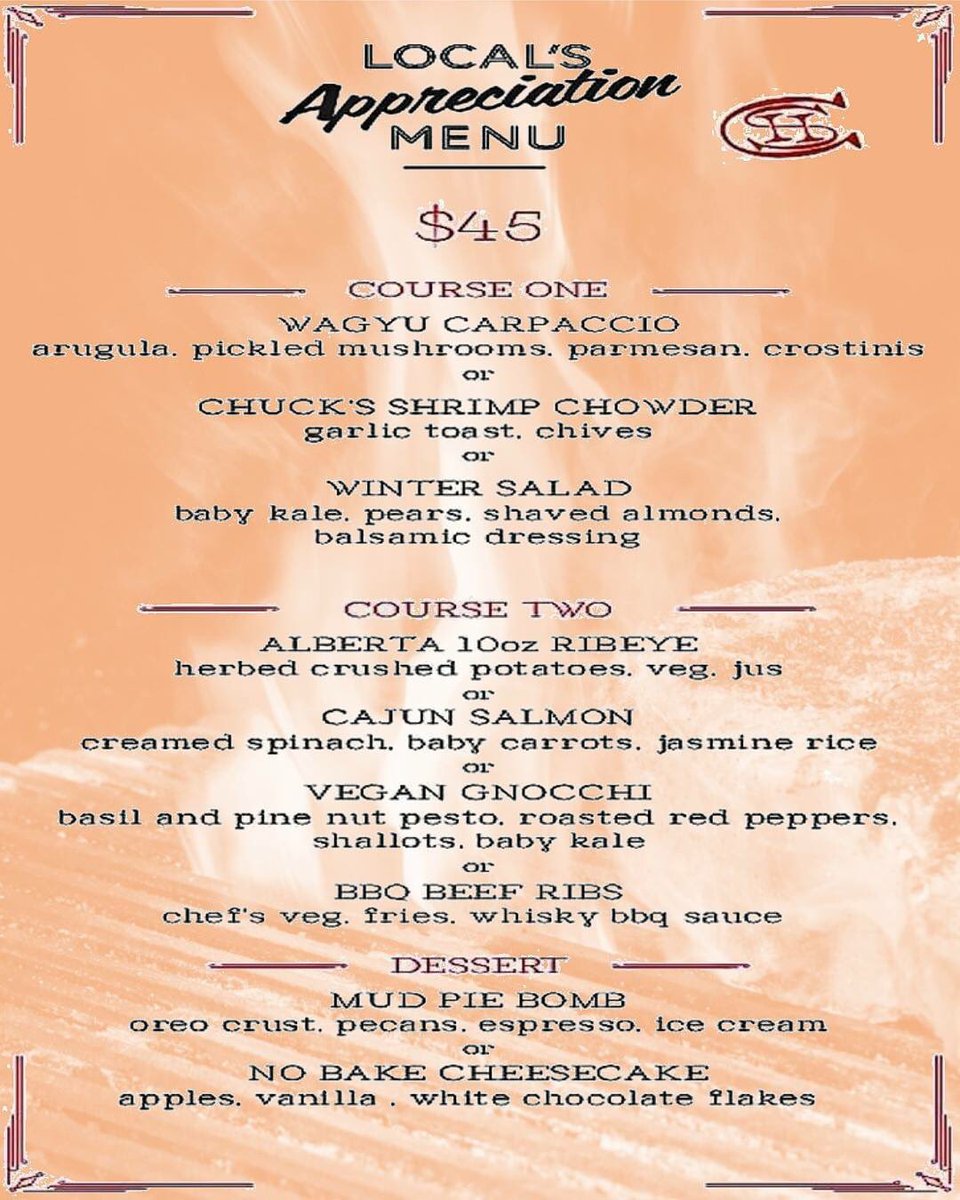 Chuck's local's menu is back for a limited time!
3 courses, 9 choices for $45.
Available Sunday/Monday/Tuesdays.
Ribeyes, cajun salmon, shrimp chowder, beef ribs...and a tasty vegan gnocchi for the herbivores in your posse. 
Reservations #403-762-4825
101 Banff Ave, open 5pm