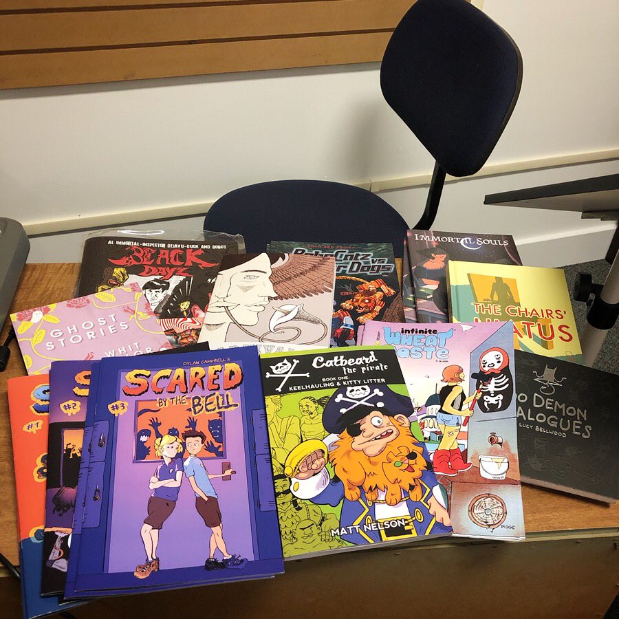 Dropped off some delicious new comics at @ComicCavePDX yesterday! Check out ✨three✨ issues of <a href="/dylandrawsdraws/">Dylan Campbell</a>’ Scared by the Bell! Take a look at <a href="/jtwblack/">JT Wilkins 🖊️👁️‍🗨️🤘🏿</a>’s zine Black Dayz! Sail the seas with <a href="/mattwnelson/">Matt Nelson 🧀</a>’s Catbeard the Pirate! And more! 

#stockrestockoclock